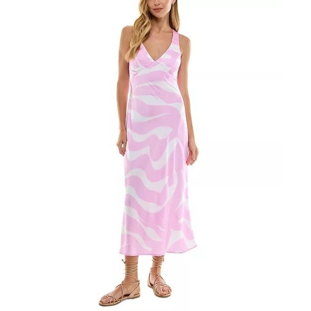 Seni & Cade Midi Dress Juniors Pink White Wavy Satin Tie Back XL NWT